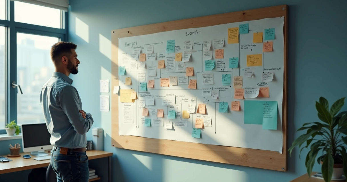Person reviewing a wall chart of relationship connections and influence lines