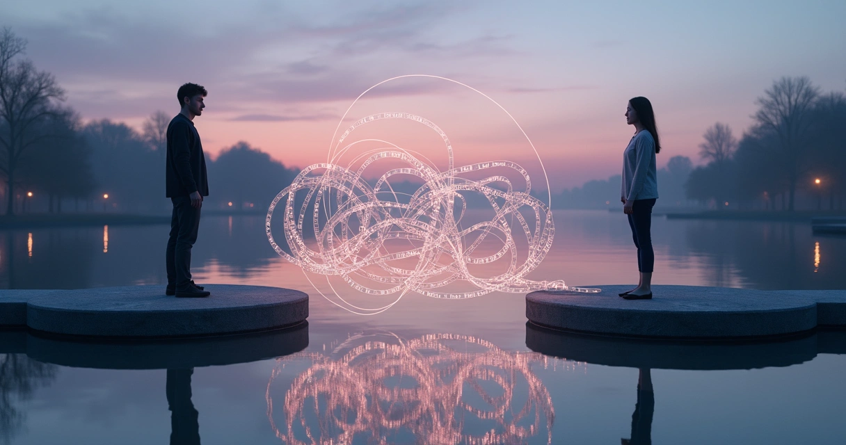 Couple standing on separate platforms facing a tangled bridge between them 