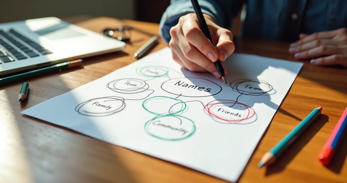 Hand-drawn relationship map showing a person in the center with lines extending to various people and groups 