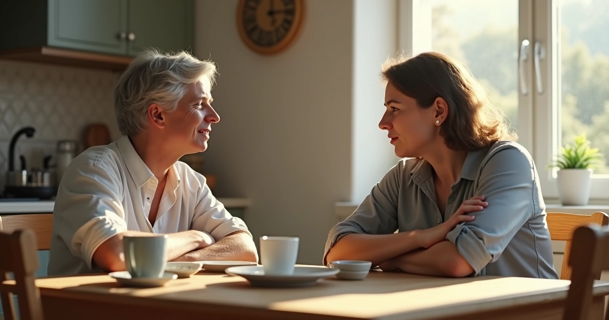 Two people in conversation, subtle facial expressions and body language, sitting at a kitchen table 