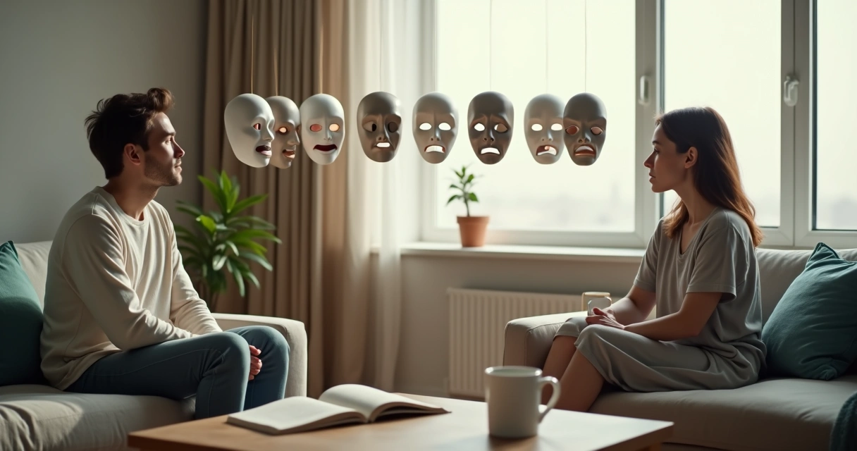 Couple separated by a wall of floating masks between them 