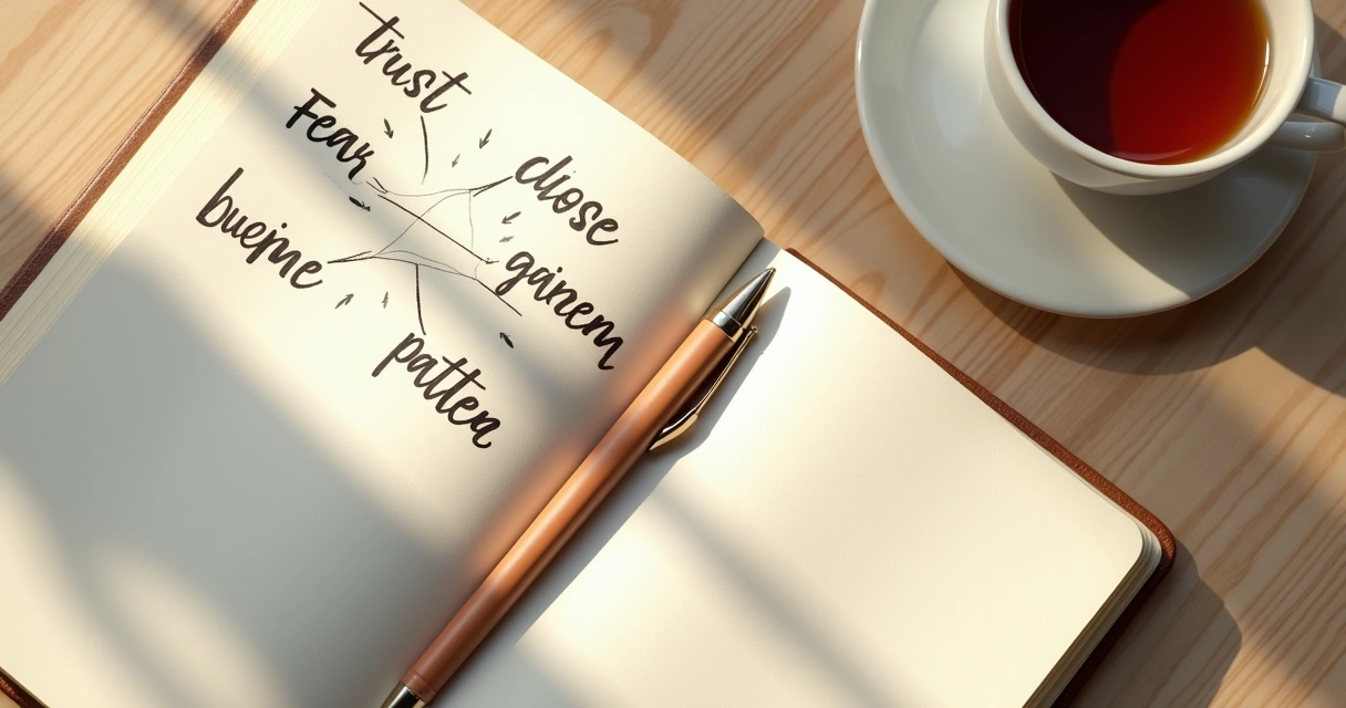 Open journal with relationship pattern notes beside a cup of tea