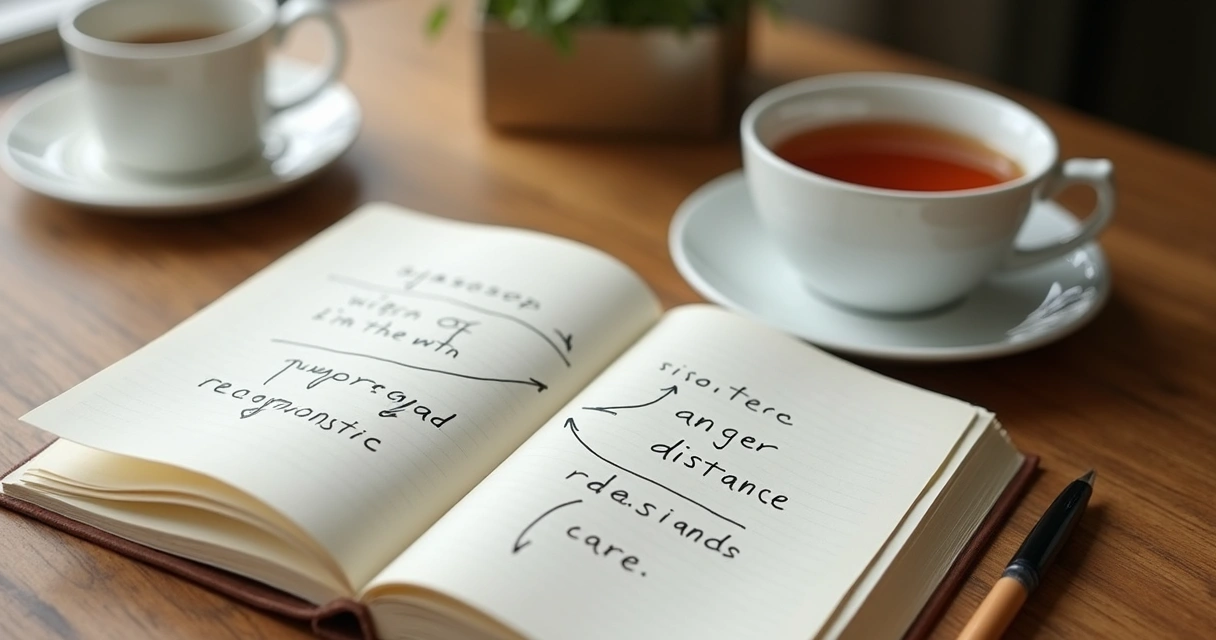 Open journal with notes about relationship patterns on a wooden table 