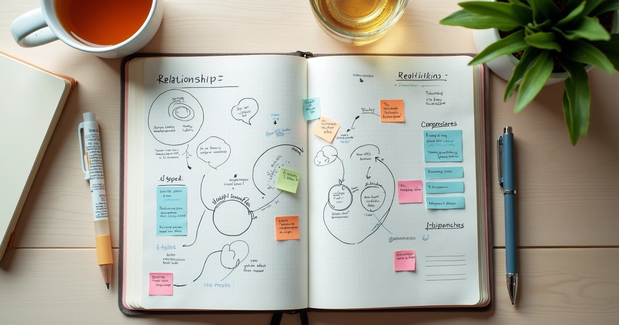 Notebook with a hand-drawn relationship pattern map and colored notes