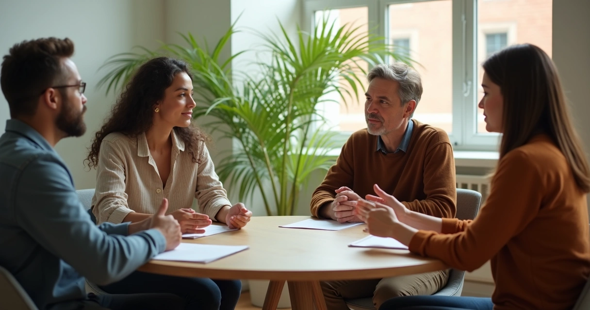Diverse group of people discussing at a round table, open conversation