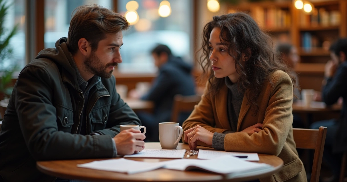 Two people at a cafe table in deep conversation, papers and notebook on table, coffee cups beside, soft warm lighting. 
