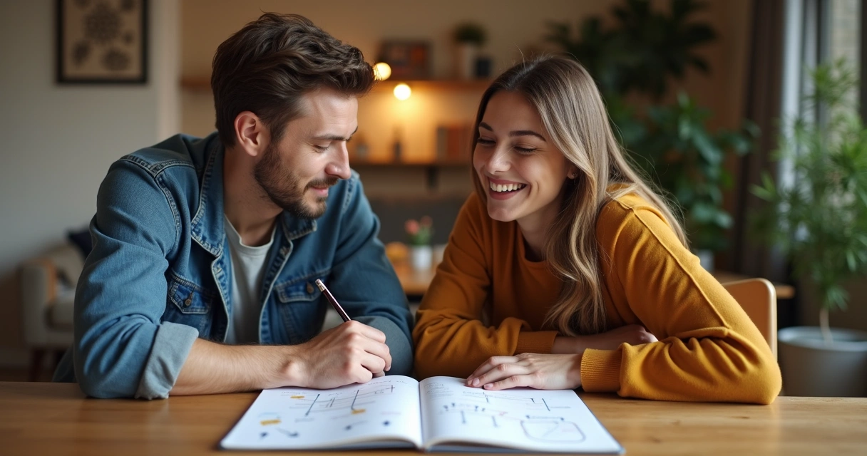 Two people discussing relationship patterns at a table with notes and diagrams. 