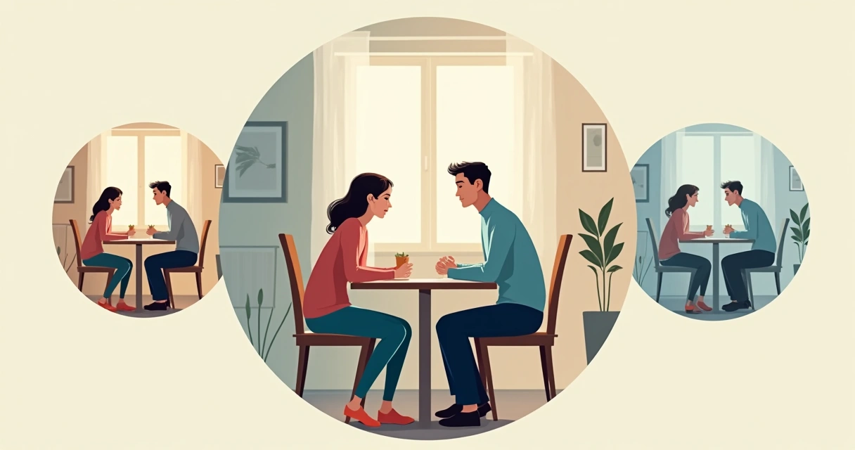Circular illustration showing repeating patterns between two people in a romantic relationship
