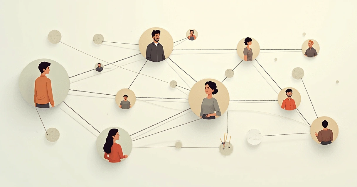 Web connecting people of different ages in faded circles