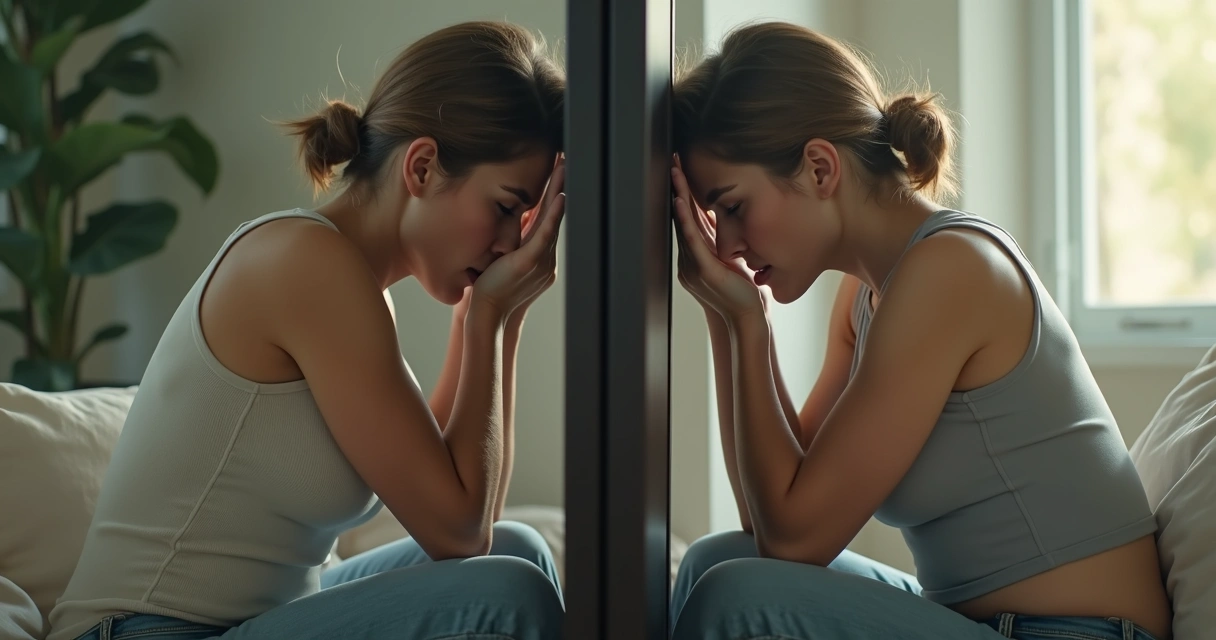 Couple facing each other with a mirror between them
