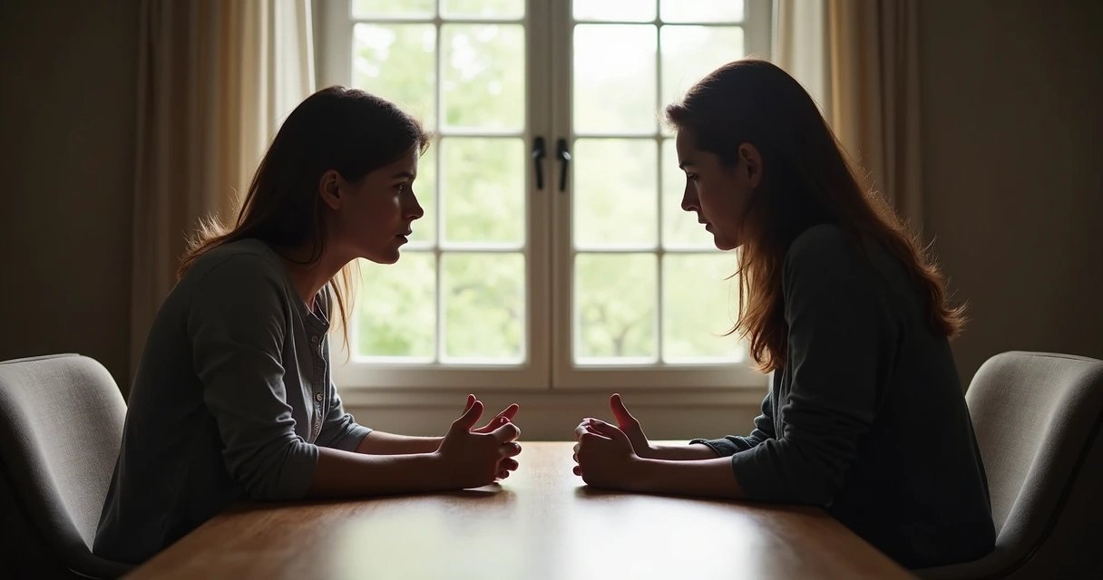 Two people sitting at a table, reflecting quietly after a conversation 