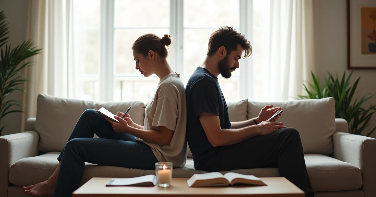 Couple sitting back to back on a sofa in quiet reflection 