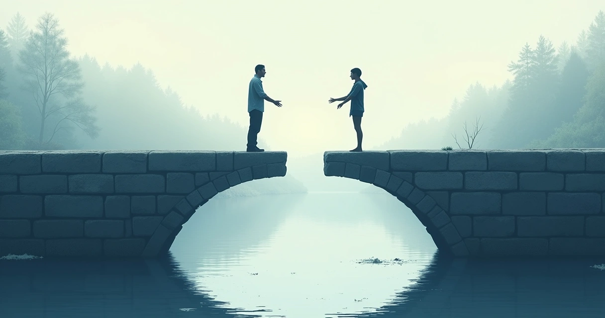 Two people on opposite sides of a cracked bridge reaching toward each other
