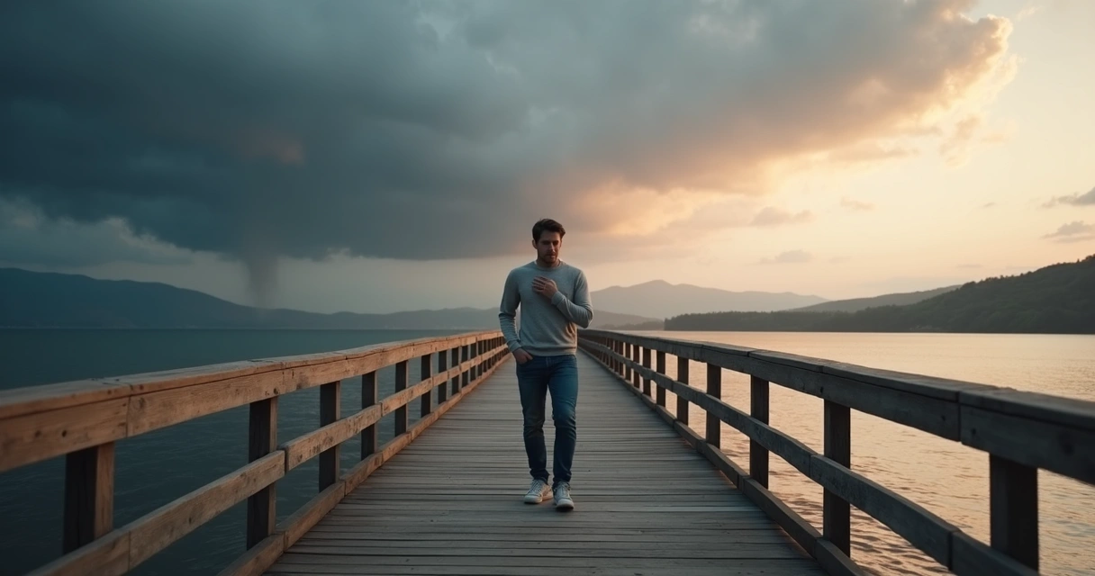 Person on bridge between stormy and calm landscape practicing grounding breath 
