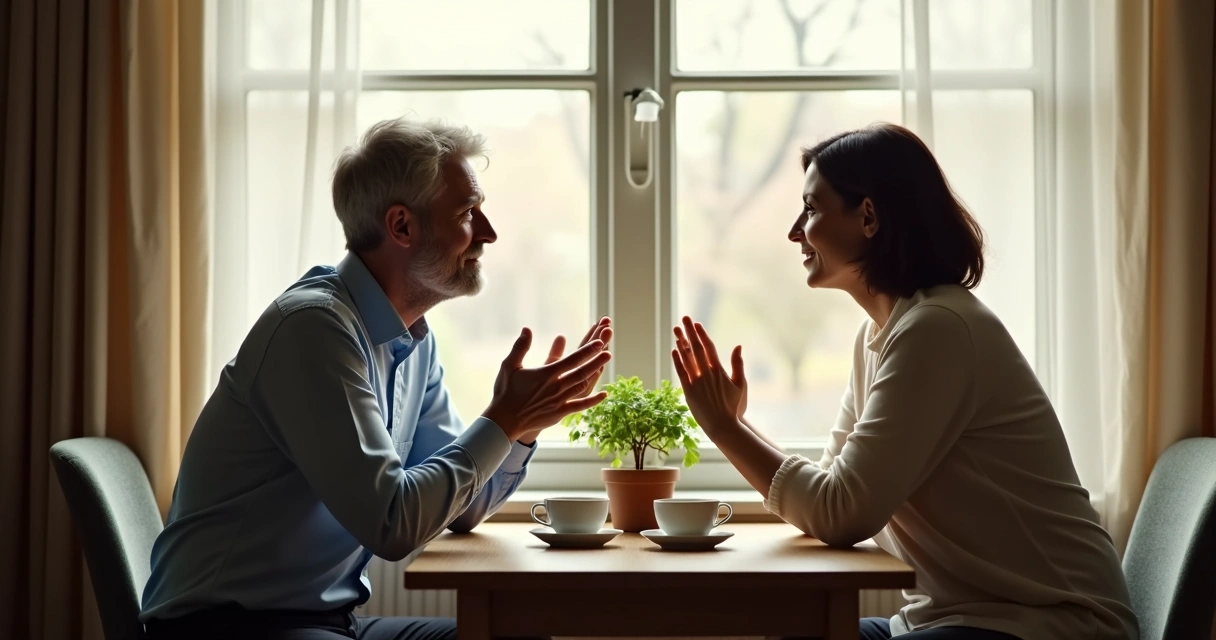 Two people having an open conversation at a table by a window 