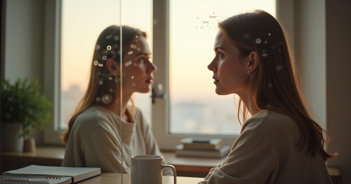 Persona observando su propio reflejo fragmentado entre pensamientos claros y confusos 