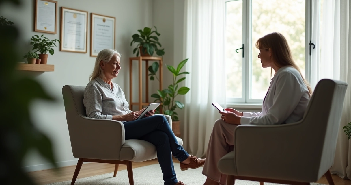 Paciente compartilhando relato com terapeuta em ambiente de clínica 