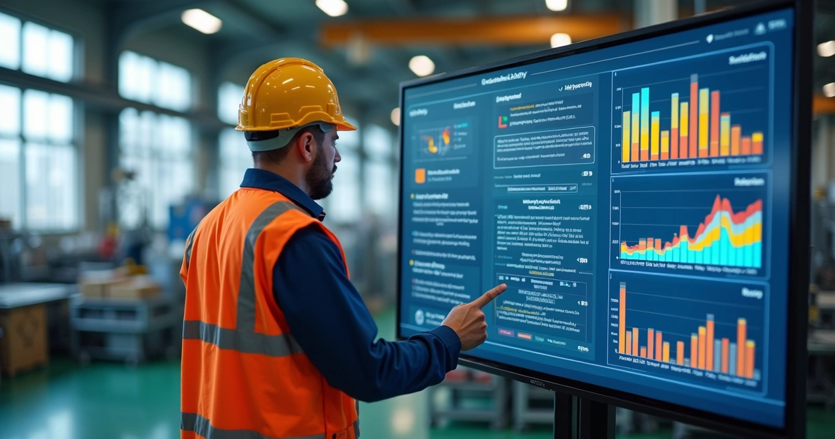 Gestor industrial revisando plano de ação digital com gráficos e indicadores 