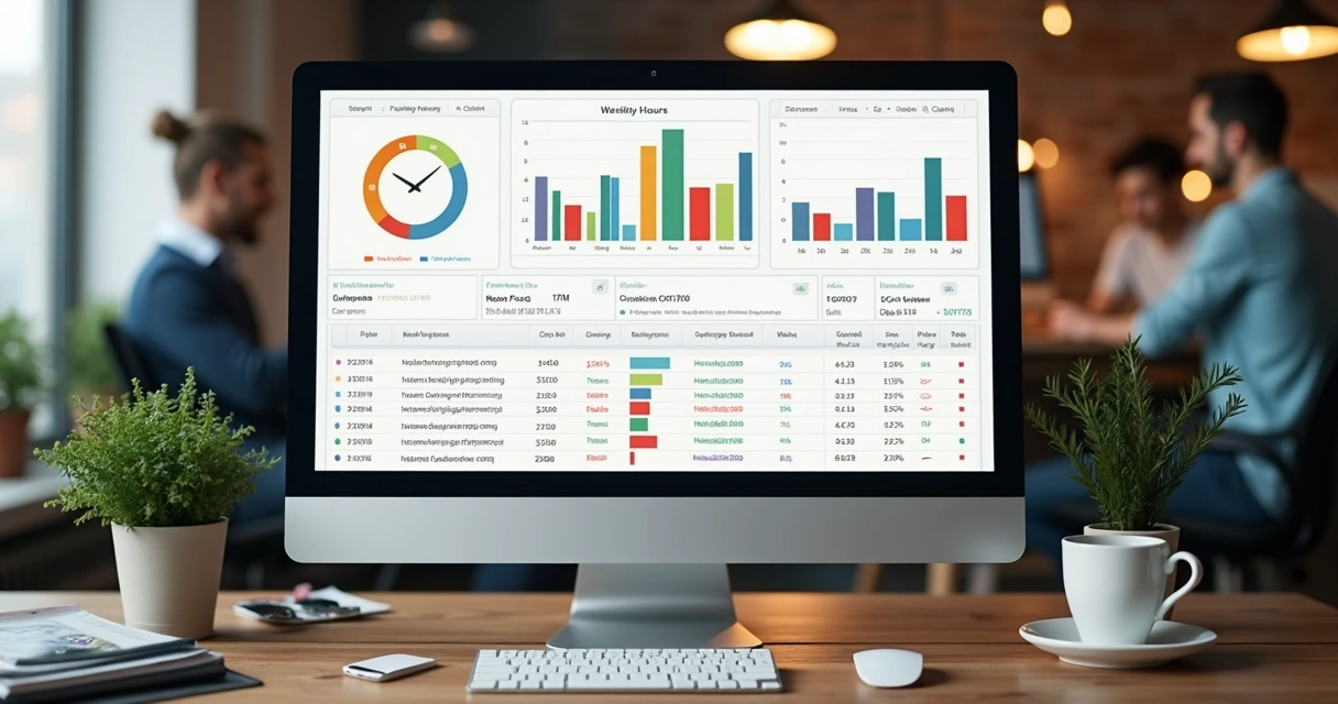 Relatório digital mostrando gráfico de tempo e lista de tarefas