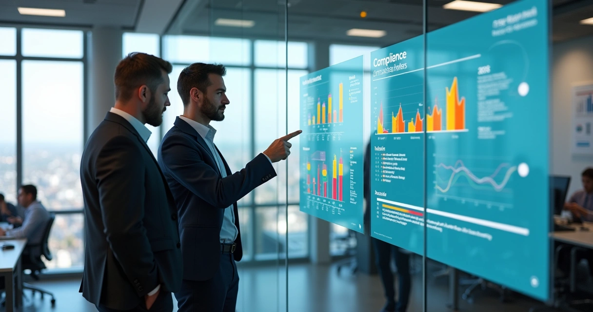 Dashboards digitais mostrando análise de conformidade tributária 