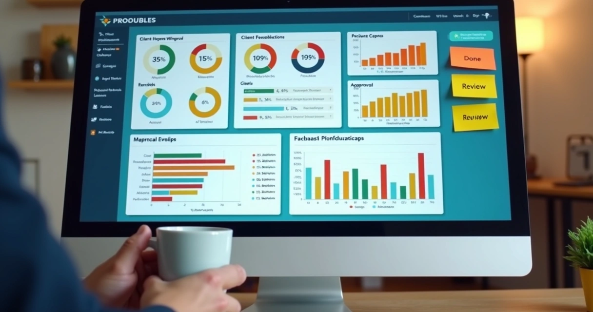 Monitor exibindo gráficos coloridos e relatórios de status de jobs de agência