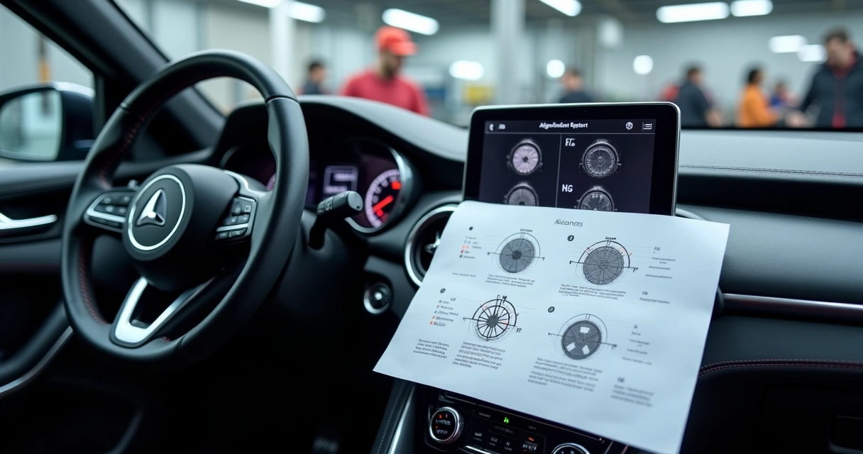 Relatório digital de alinhamento impresso ao lado de volante de carro