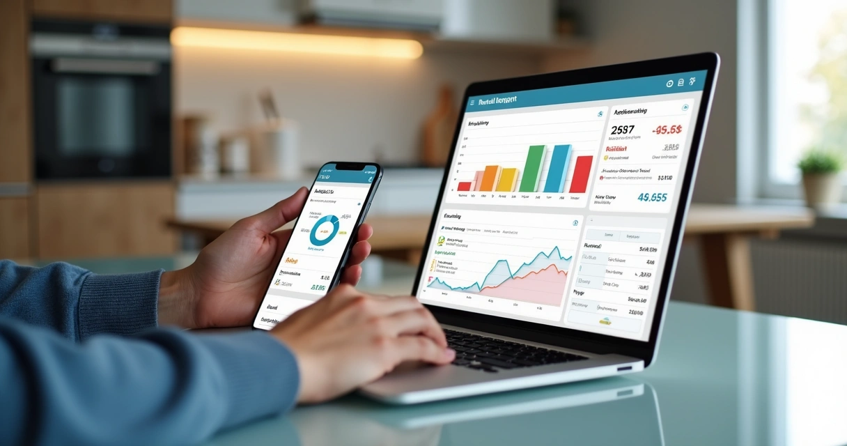 Relatório financeiro de aluguel sendo acessado por smartphone e notebook