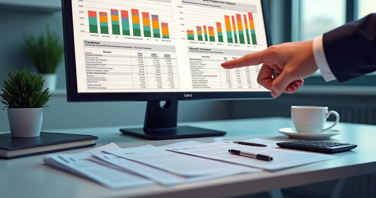 Tela de computador exibe gráfico de relatório de avaliação e contratos ao lado 