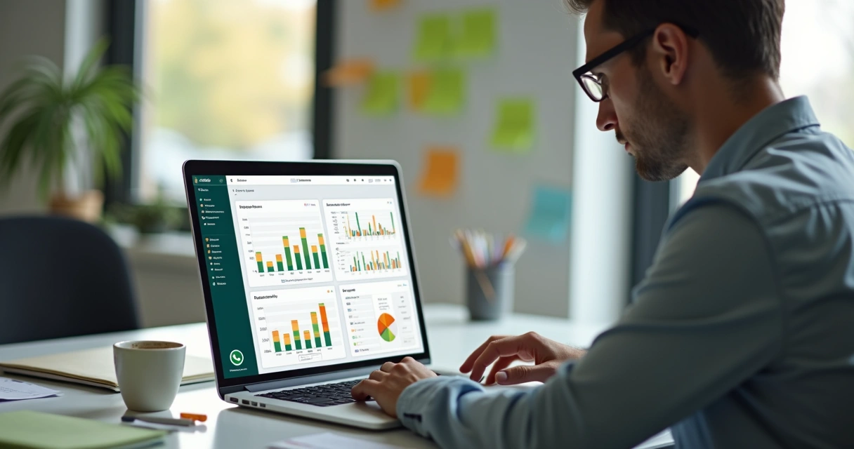Profissional analisando relatórios de mensagens automáticas e métricas no notebook 