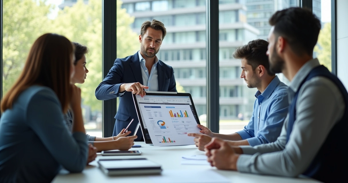 Gestor de RH analisando relatório de desempenho no Moodle em uma reunião com a equipe