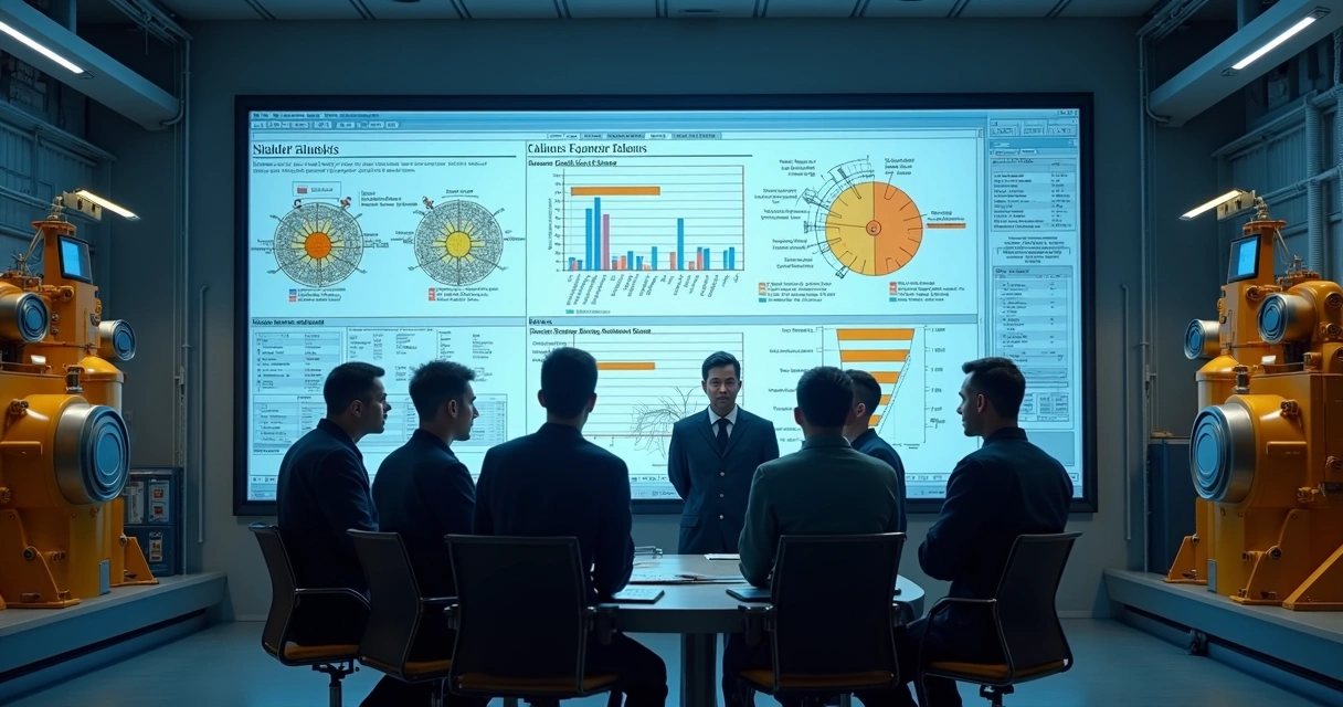 Técnicos de manutenção analisando relatório digital de falha em tela de computador 