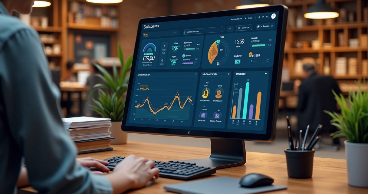 Tela de computador mostrando dashboard financeiro de confecção, gráficos de caixa, vendas e estoque 