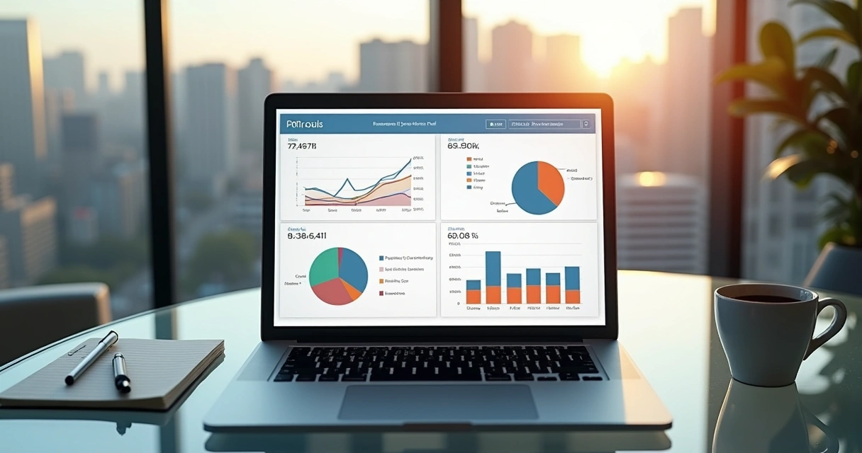 Relatório analítico de BI tributário na tela de notebook 