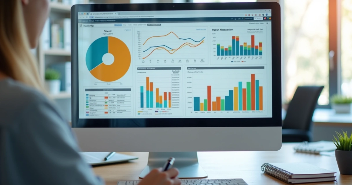 Relatório analítico de vendas com gráficos coloridos em tela de computador 