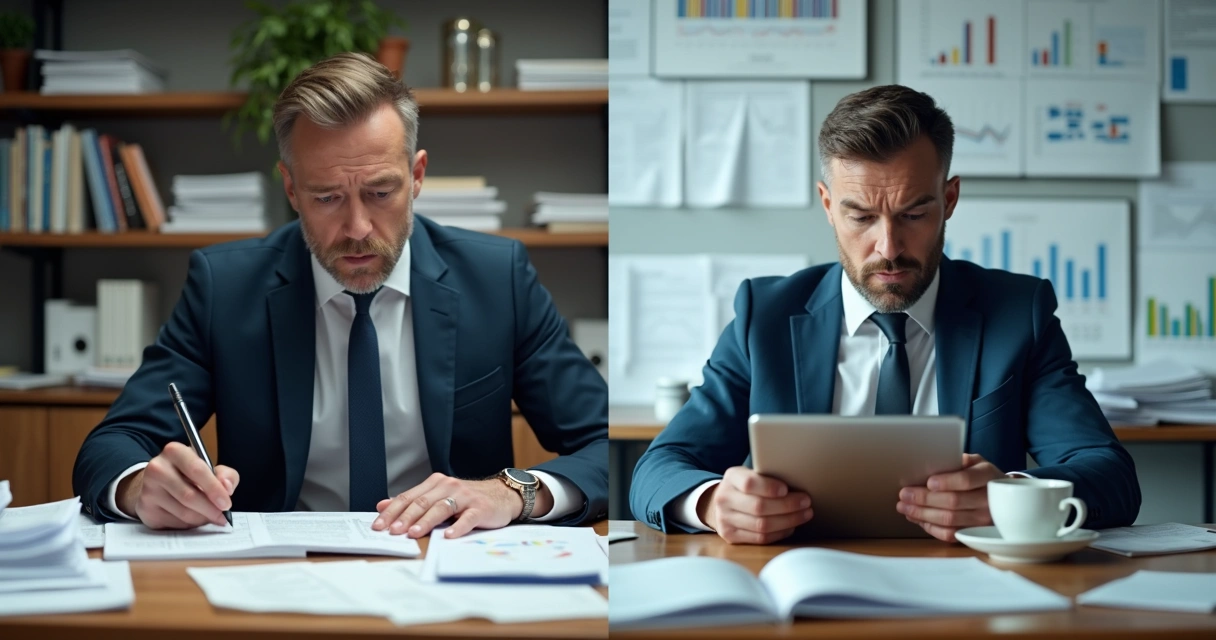 Gestor comparando relatórios antes e depois do ERP