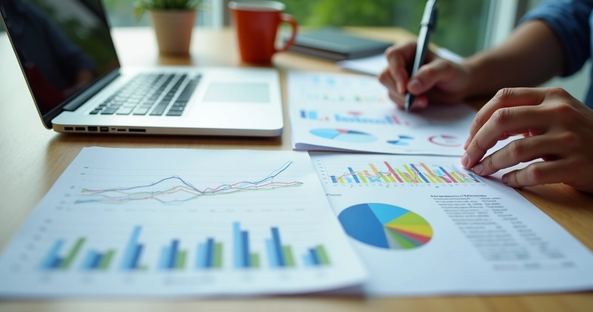 Mesa de escritório com relatórios anuais de empresa, laptop e gráficos coloridos 