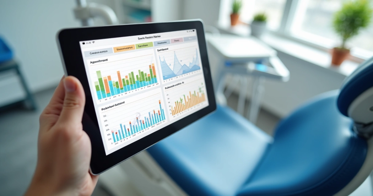 Gráficos de atendimento odontológico exibidos em tablet 