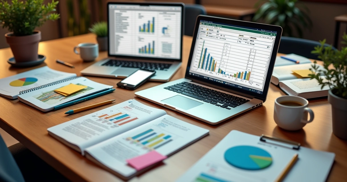 Planilha de auditoria condominial aberta sobre uma mesa com computador, vários arquivos e anotações. 