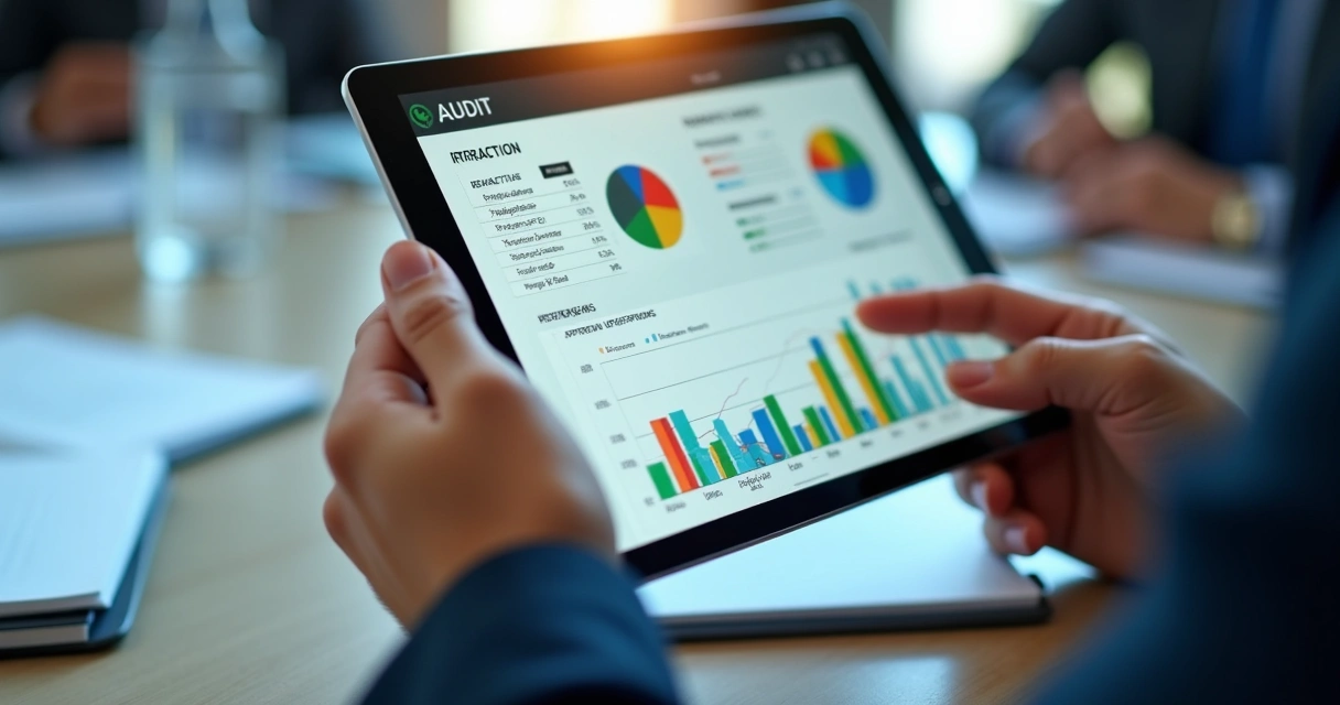 Relatório digital de auditoria inteligente exibido em tablet 