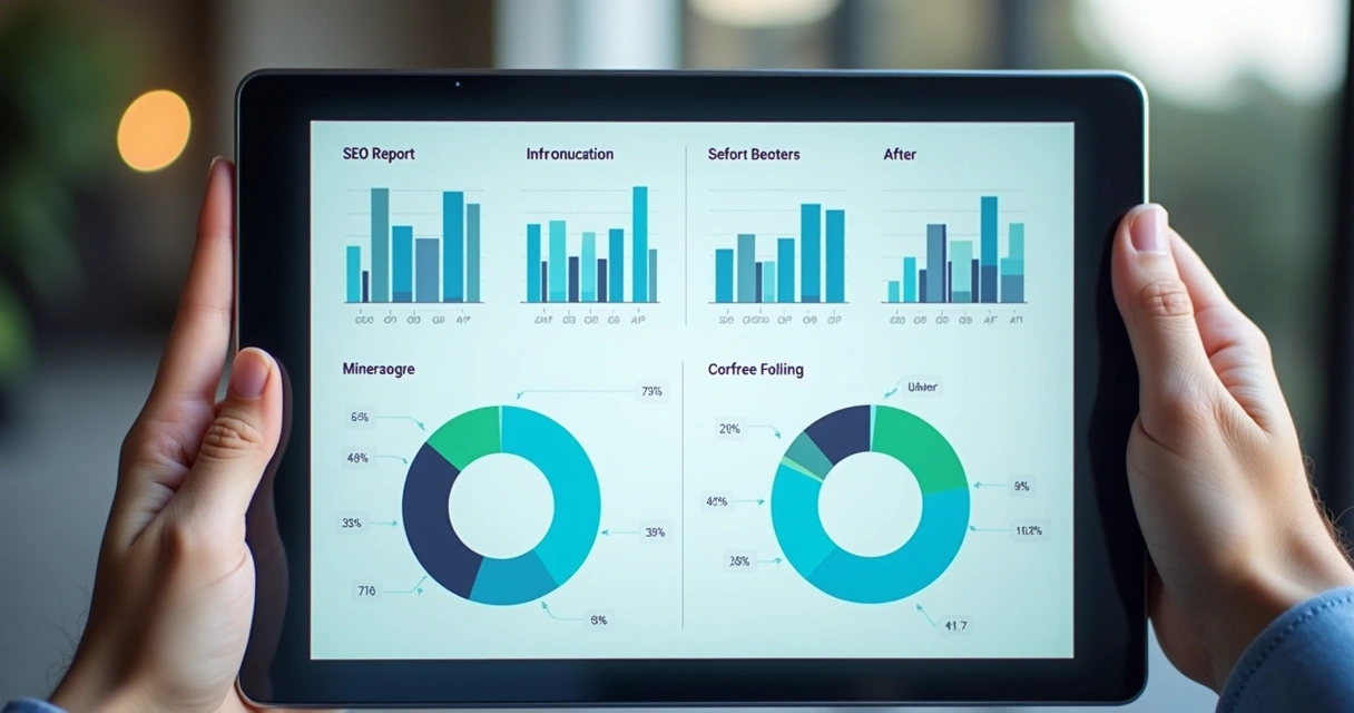 Relatório digital com gráficos, barras de progresso e antes e depois de métricas 
