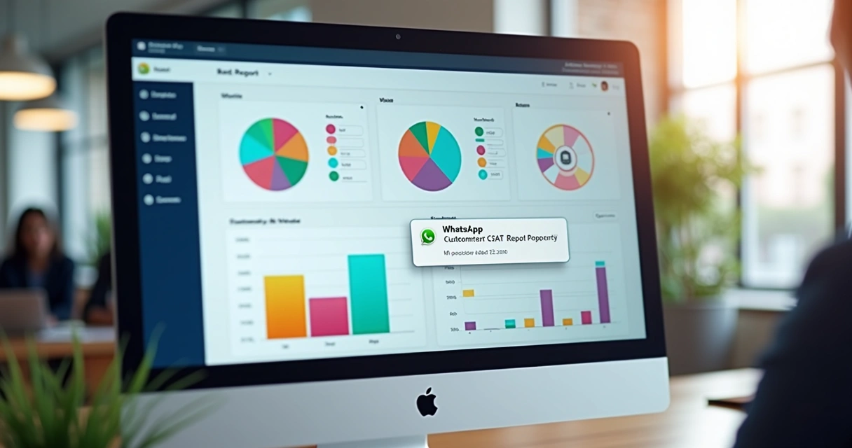 Dashboard mostrando resultados CSAT em gráficos coloridos de barras e pizza 