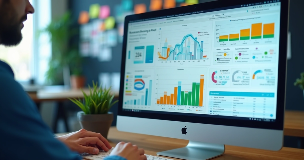Relatório digital colorido sendo analisado em computador 