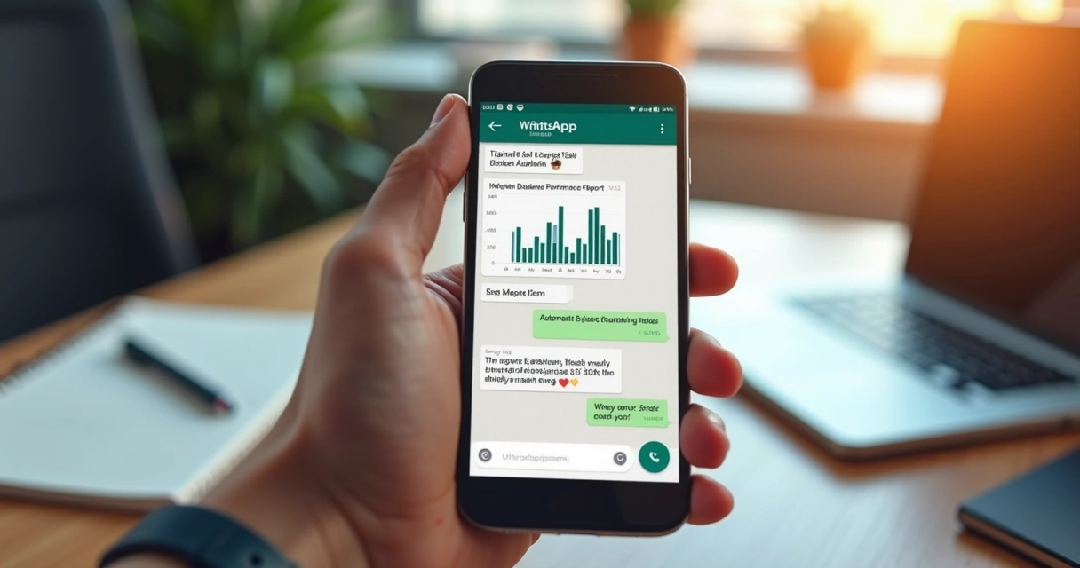Celular mostrando relatório automatizado enviado por WhatsApp 