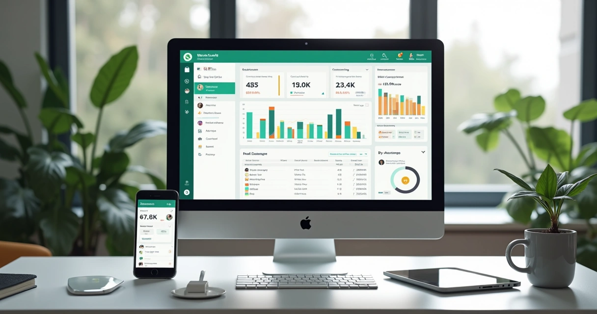 Dashboard de automação de WhatsApp mostrando gráficos de engajamento e métricas em tela de computador. 