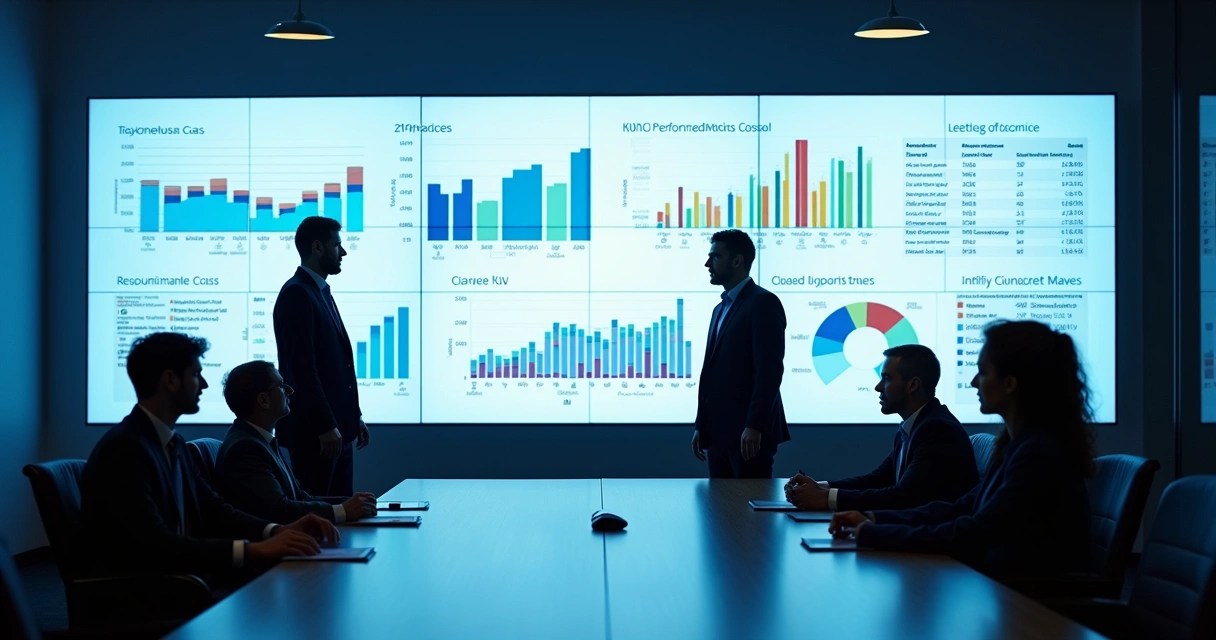 Dashboard digital com gráficos dinâmicos mostrando métricas do backoffice na tela grande, com gestores analisando 