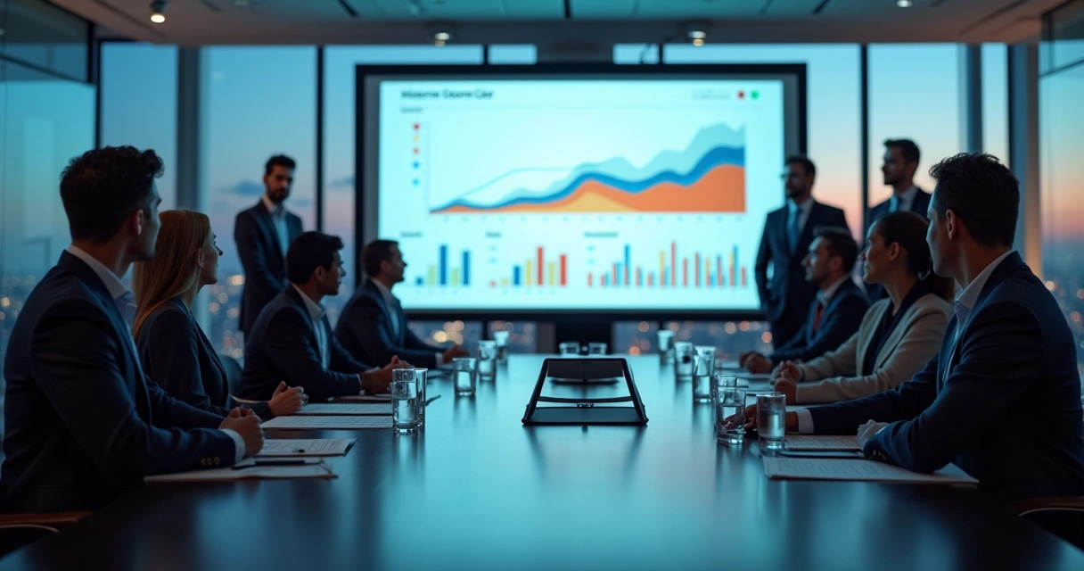 Diretores de imobiliária analisando relatório automático projetado na sala de reunião moderna 