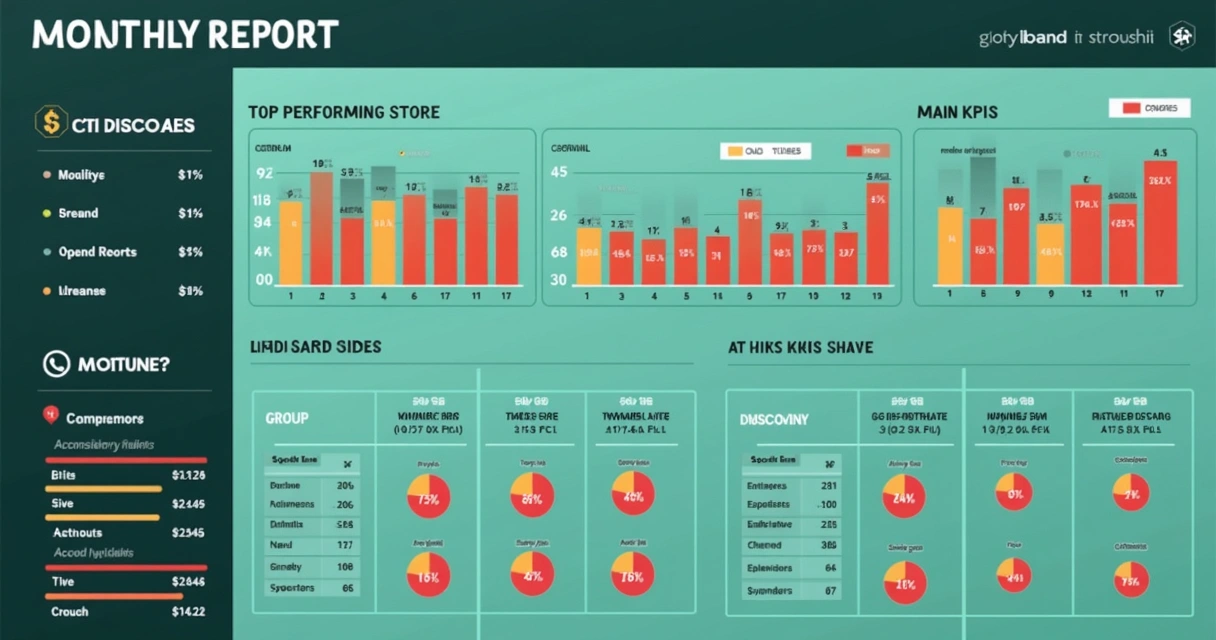 Relatório mensal com ranking de performance de lojas WhatsApp, tabelas coloridas, destaque para líderes e alertas para grupos em risco 