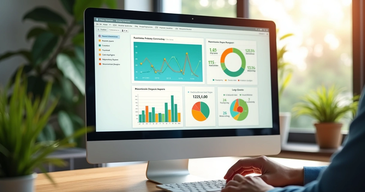 Painel de relatórios automáticos sobre evolução nutricional com gráficos coloridos na tela do computador
