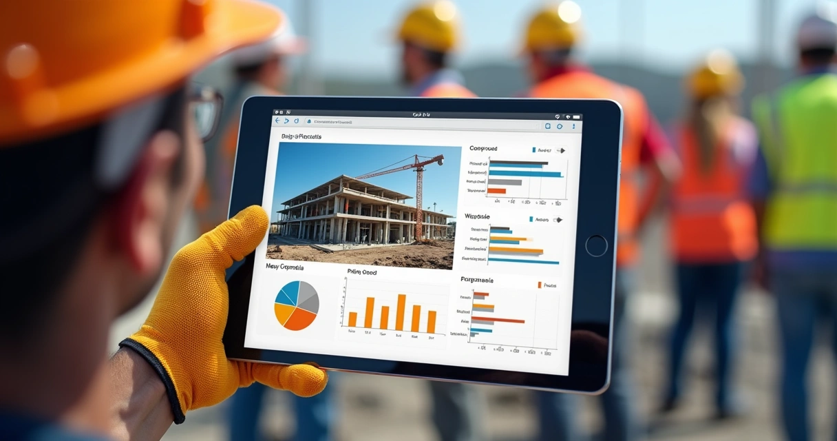 Relatório digital de obra com fotos diárias e gráficos de progresso