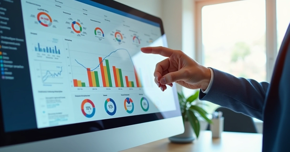Dashboard digital com gráficos de análise de dados em uma tela de computador